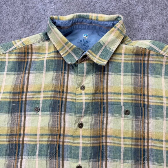 Kuhl Persuadr Shirt Men L Yellow Green Brown Linen Plaid Short Sleeve Button Up - Picture 1 of 15